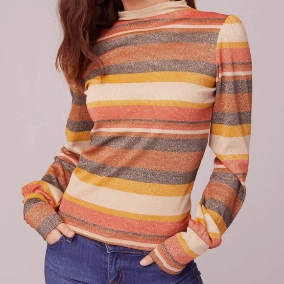 Band Of Gypsies Ramble On Metallic Mock Neck Top Size S Mustard Stripe Stretch - Picture 1 of 15
